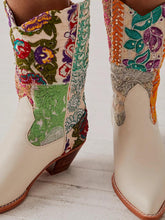 Ivory Crystal Floral Colorful Embroidered Cowgirl Mid Calf Boots With Back Zip Pointy Toe